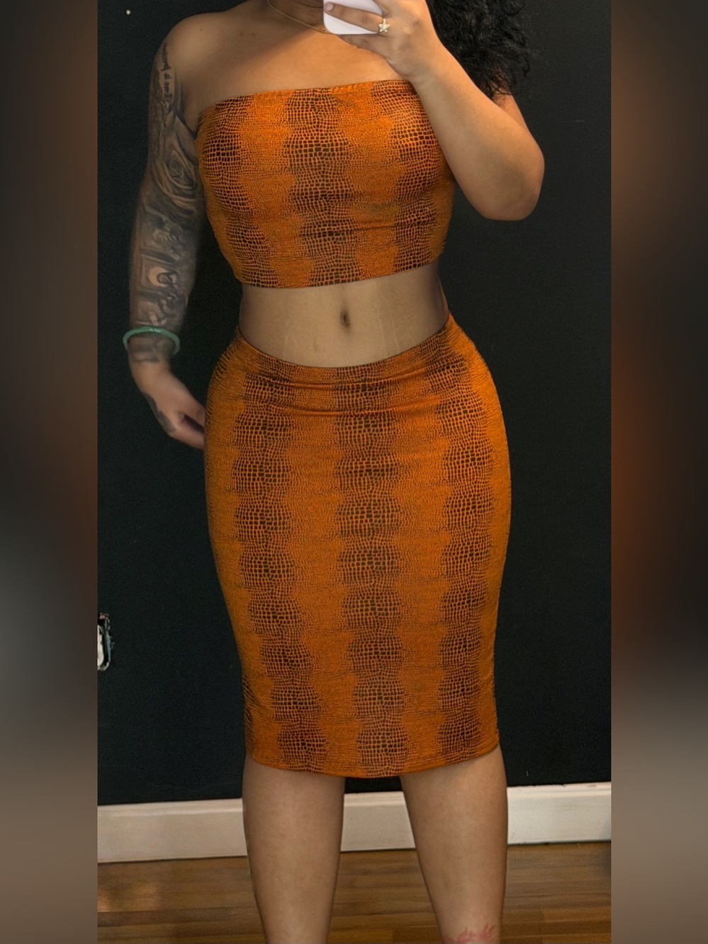 Size large orange and black snake print faux leather two piece skirt set